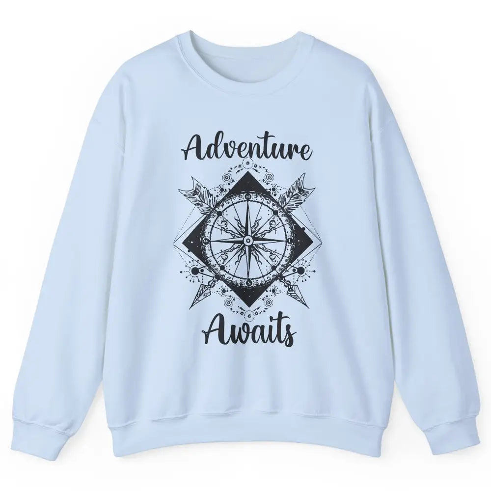 Retro Compass Mountain Adventure Awaits Camping Hiking Lover Unisex Crewneck Sweatshirt