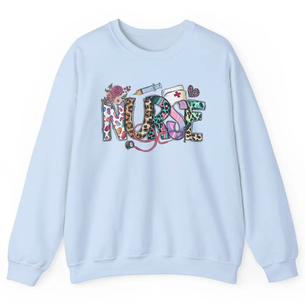 Nurse Life Nursing Registered Therapist Leopard Flower Boho Unisex Crewneck Sweatshirt