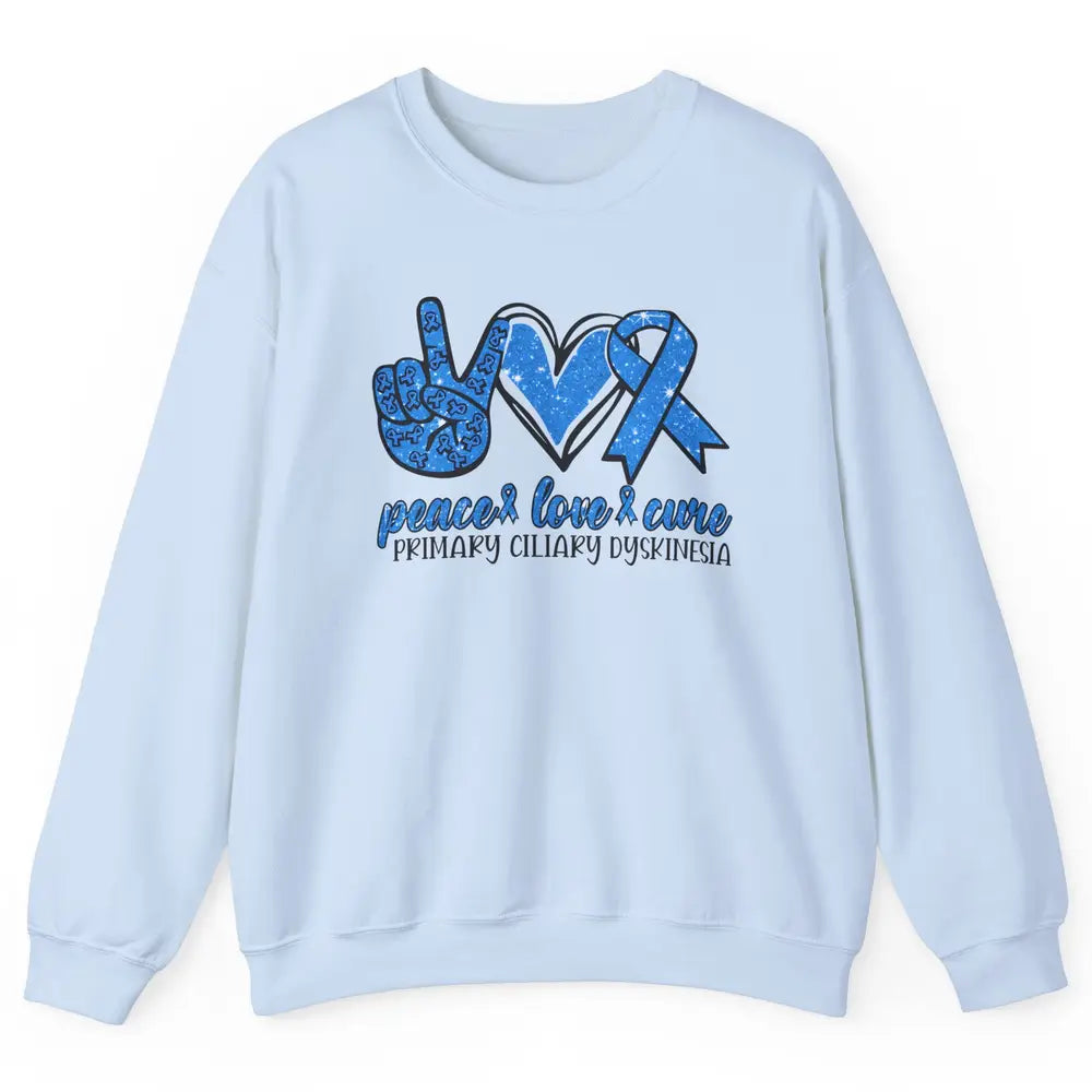 Primary Ciliary Dyskinesia Peace Love Cure Blue Ribbon Unisex Crewneck Sweatshirt