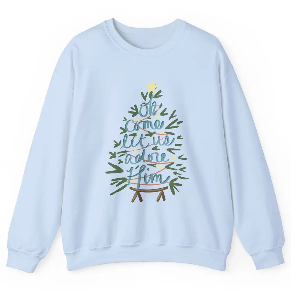 Oh Come Let Us Adore Him Groovy Christmas Tree Church Xmas Unisex Crewneck Sweatshirt
