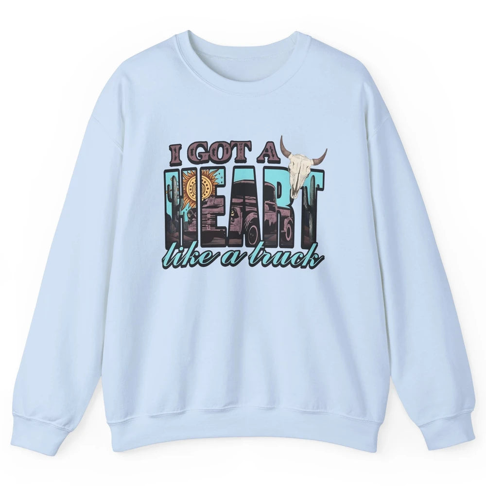 Retro Desert Bull Skull I Got A Heart Like A Truck Western Unisex Crewneck Sweatshirt