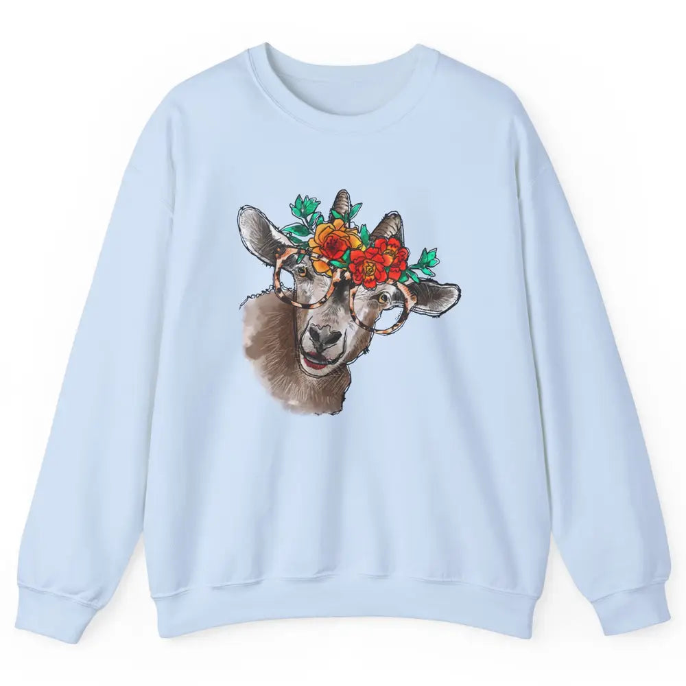 Retro Goat Glasses Flower Goat Girl Goat Lovers Gift Unisex Crewneck Sweatshirt