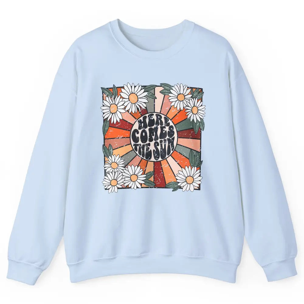 Retro Daisy Rainbow Sunrise Here Comes The Sun Hippie Girl Unisex Crewneck Sweatshirt