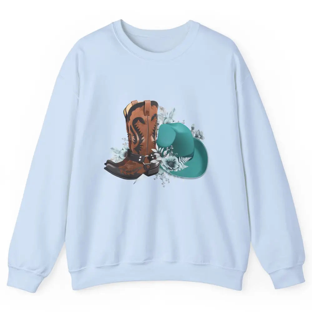 Retro Cowgirl Floral Turquoise Cowboy Boots Rodeo Western Unisex Crewneck Sweatshirt