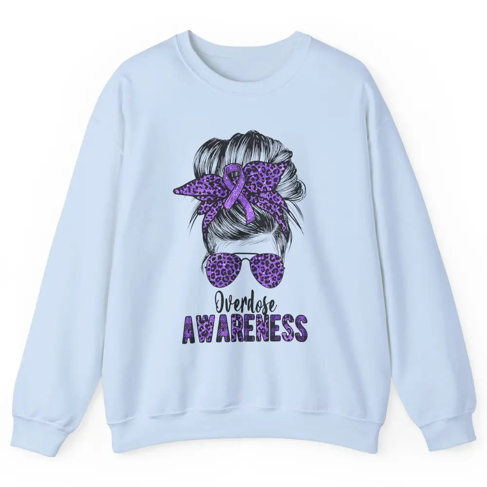 Overdose Awareness Messy Hair Bun Purple Leopard Warrior Unisex Crewneck Sweatshirt