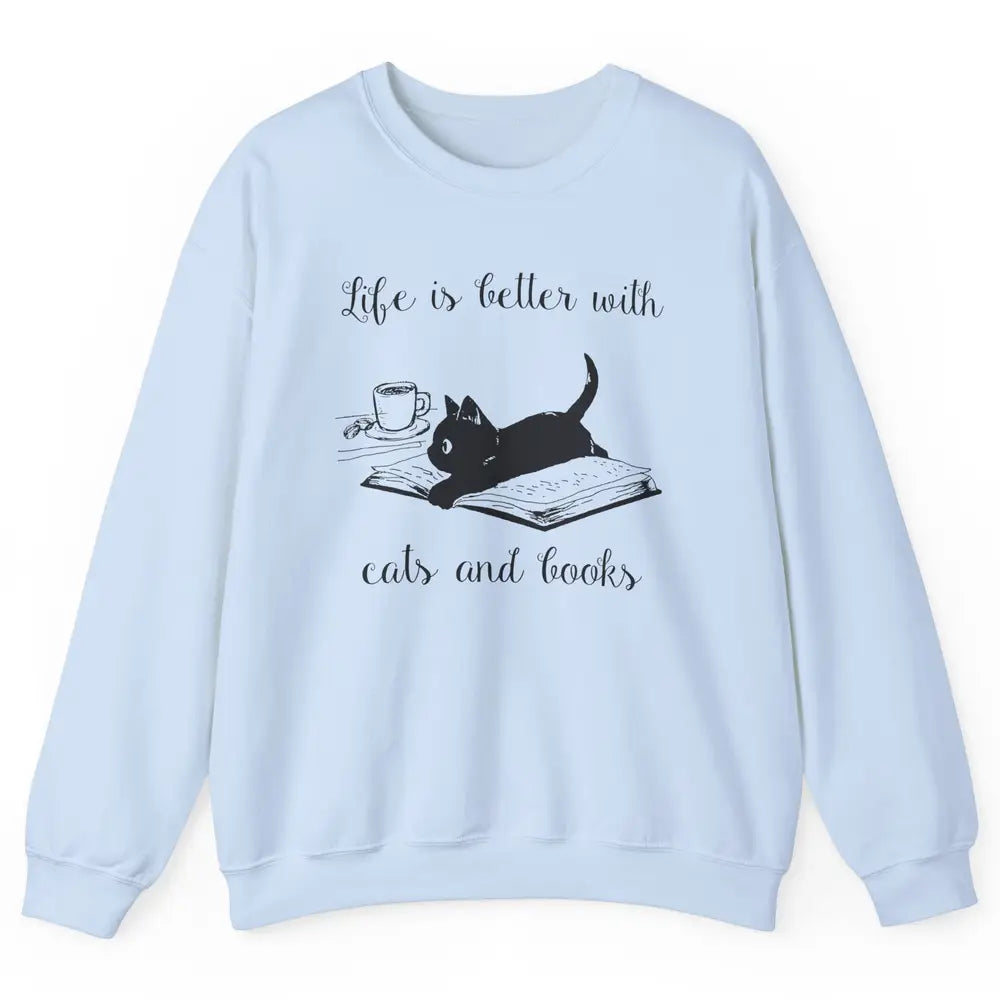 Retro Life Is Better With Cats And Books Reading Lovers Unisex Crewneck Sweatshirt