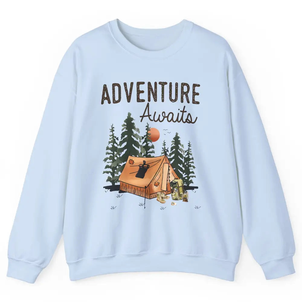 Retro Camping Tent Mountain Sunset Adventure Awaits Campers Unisex Crewneck Sweatshirt
