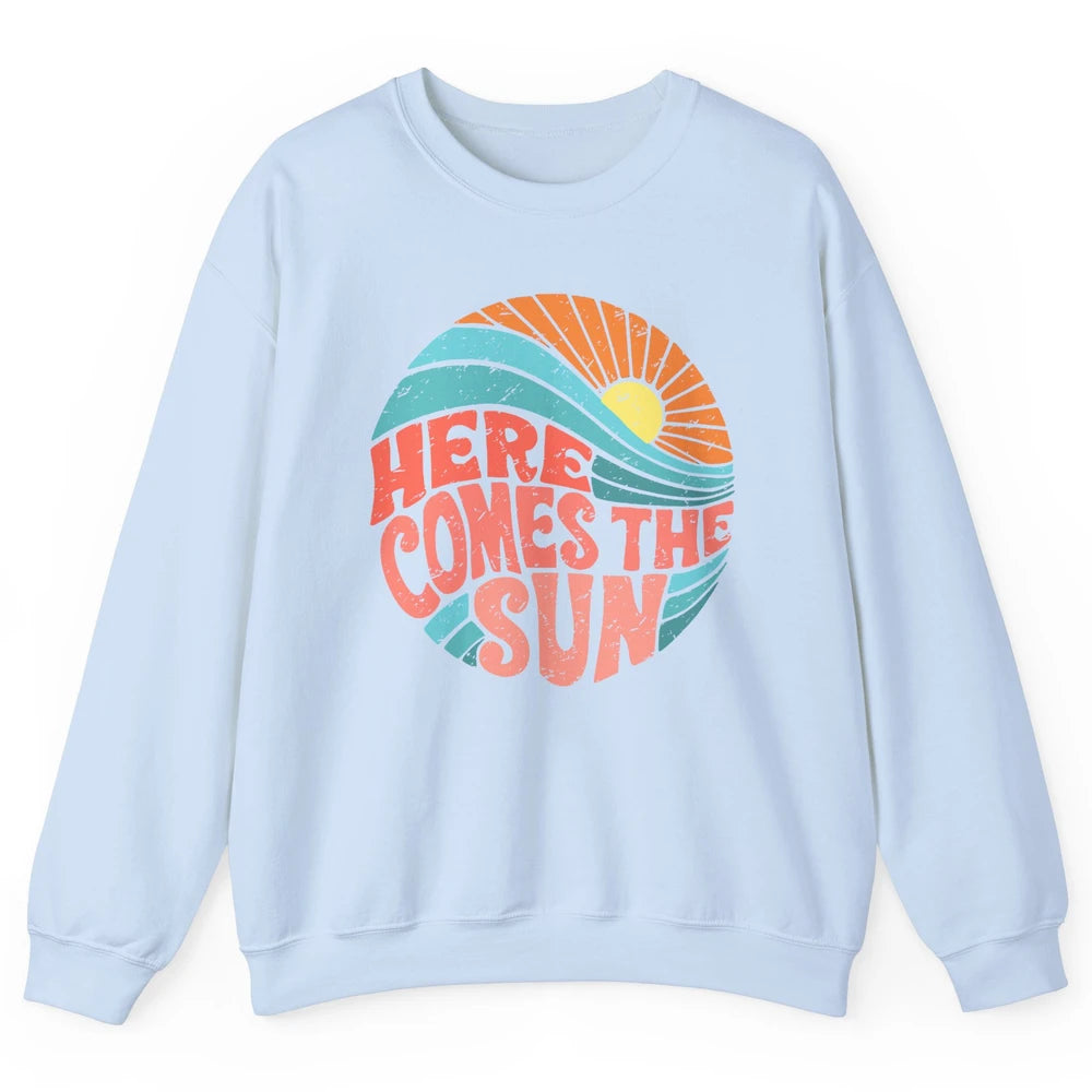 Retro Rainbow Sunrise Here Comes The Sun Hippie Girl Unisex Crewneck Sweatshirt