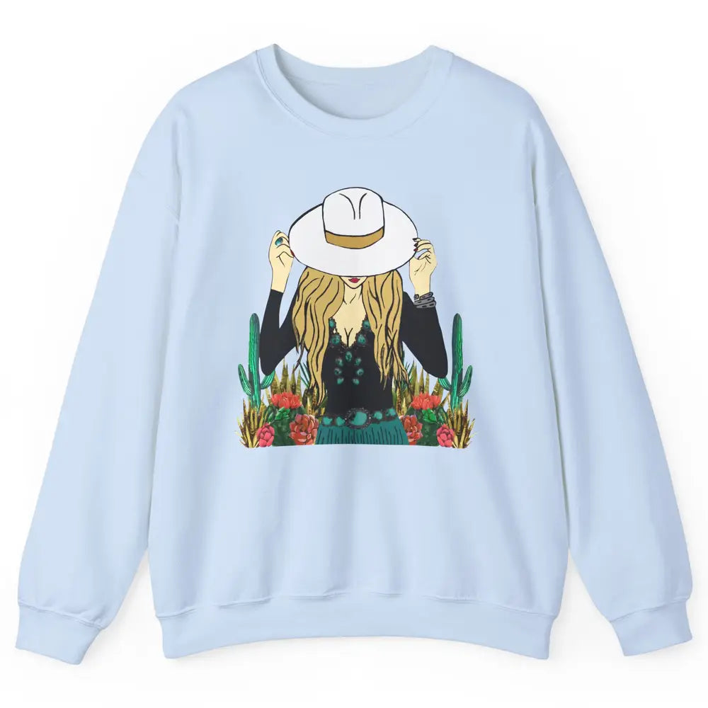 Retro Blonde Cowgirl Punchy Cowhide Turquoise Western Cowboy Unisex Crewneck Sweatshirt
