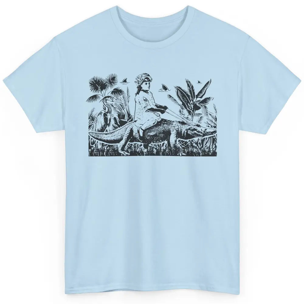 Retro Florida Tropical Land Girl Riding Alligator Summer Classic Unisex T-Shirt