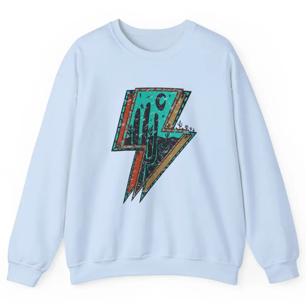 Retro Desert Cactus Night Turquoise Lightning Bolt Western Unisex Crewneck Sweatshirt