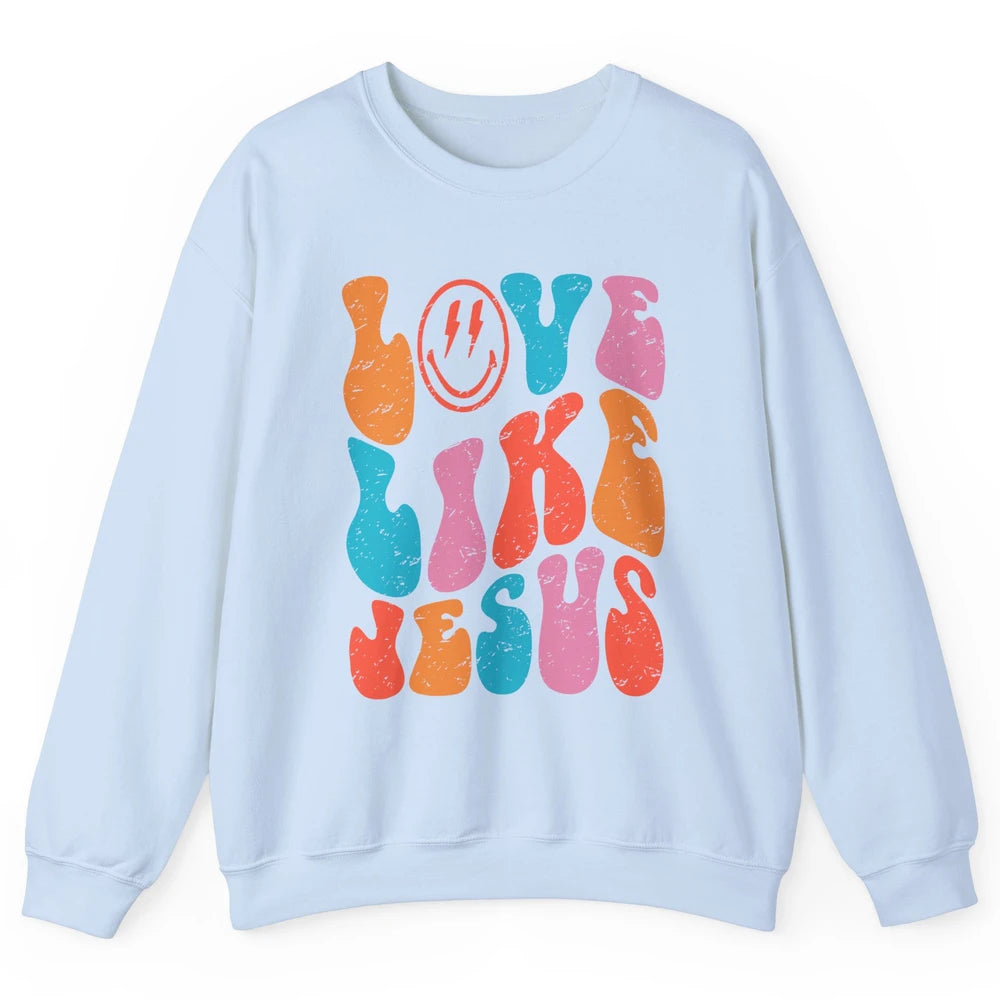 Retro Love Like Jesus Smiling Face Christian Religious Faith Unisex Crewneck Sweatshirt