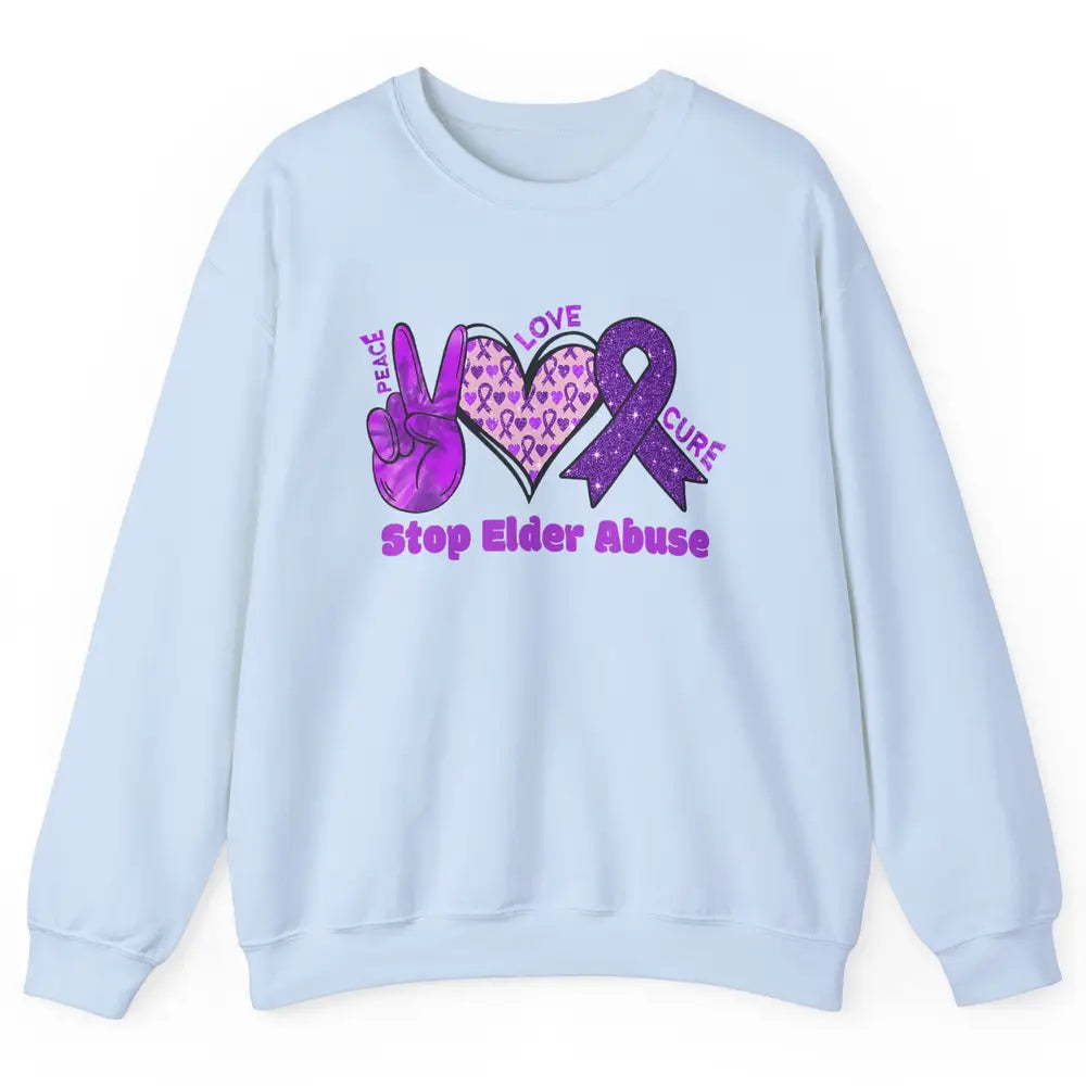 Peace Love Hope Heart Purple Ribbon Elder Abuse Awareness Unisex Crewneck Sweatshirt