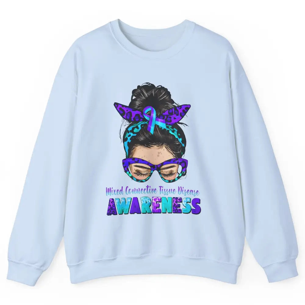 Mixed Connective Tissue Disease Ribbon Leopard Messy Bun Mom Unisex Crewneck Sweatshirt