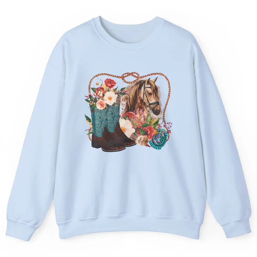 Retro Floral Cowboy Boots And Horse Western Country Cowgirl Unisex Crewneck Sweatshirt