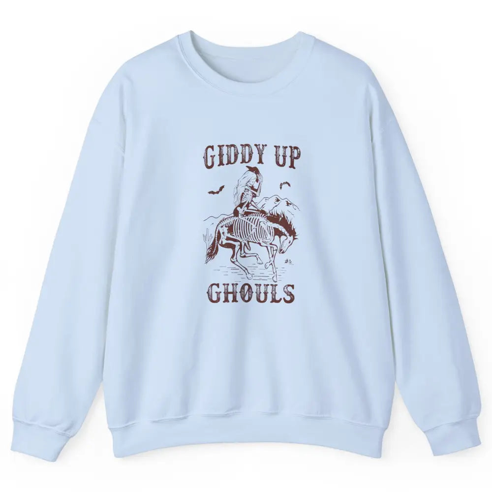 Retro Giddy Up Ghouls Skeleton Western Cowgirl Howdy Cowboy Unisex Crewneck Sweatshirt