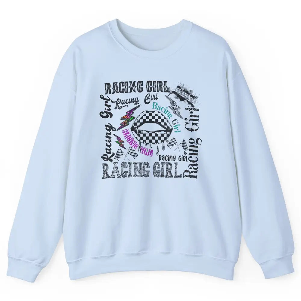 Racing Girl Lips It's Race Day Race Flag Race Lips Girl Gift Unisex Crewneck Sweatshirt