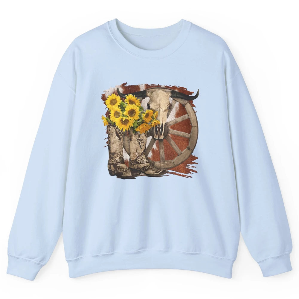 Retro Sunflower Cowgirl Boots Cow Skull Western Country Girl Unisex Crewneck Sweatshirt