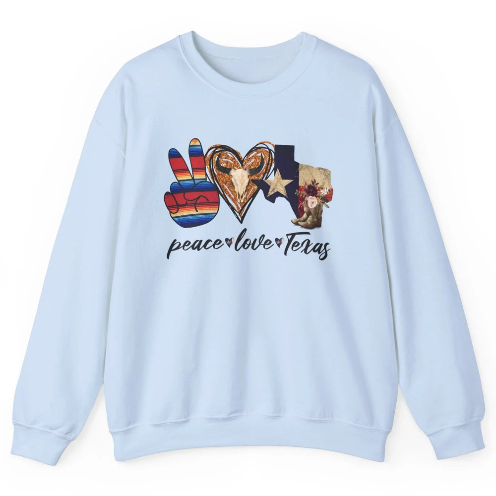 Retro Peace Love Texas Cowboy Boots Western Country Cowgirl Unisex Crewneck Sweatshirt