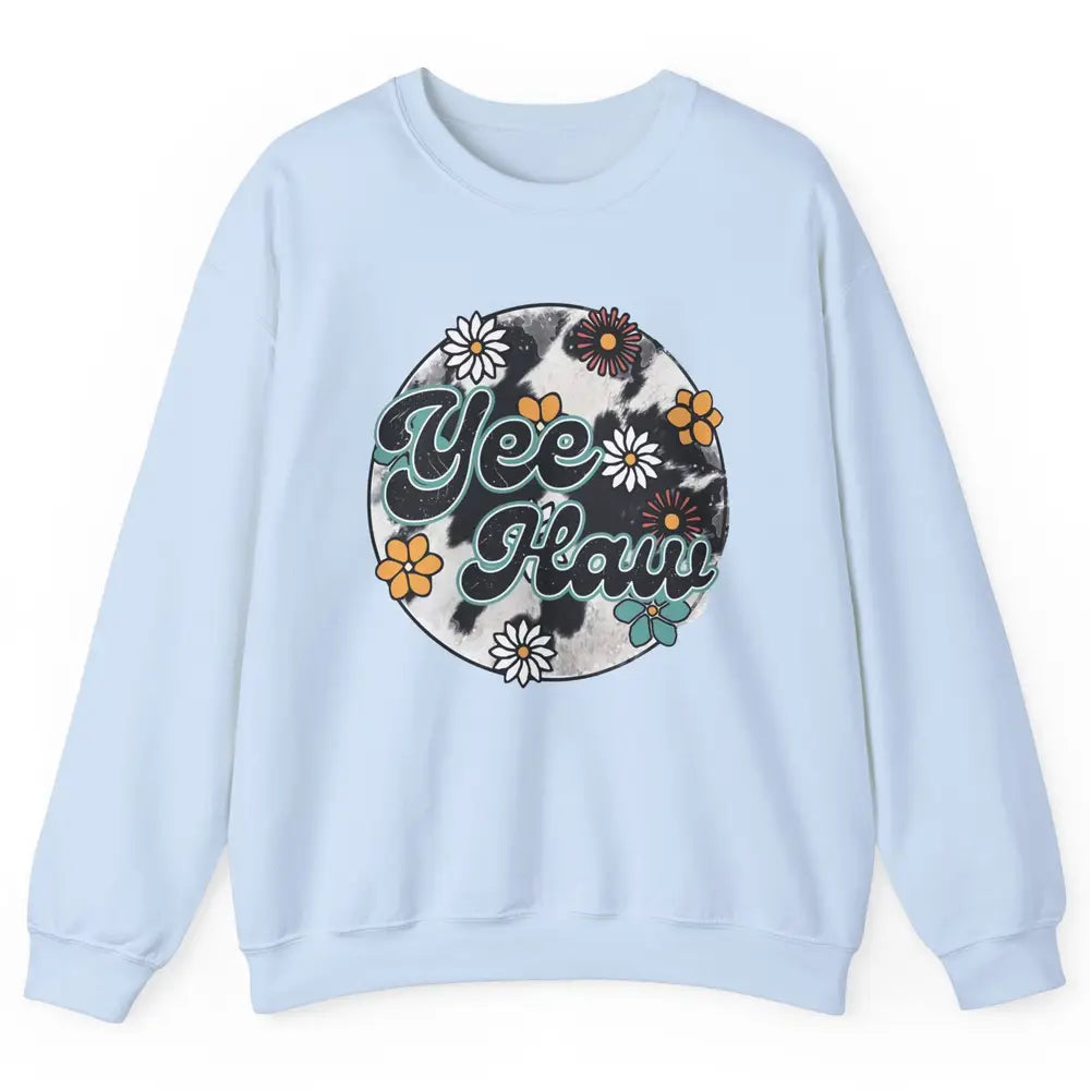Retro Groovy Daisy Yee Haw Cowhide Western Country Cowgirl Unisex Crewneck Sweatshirt