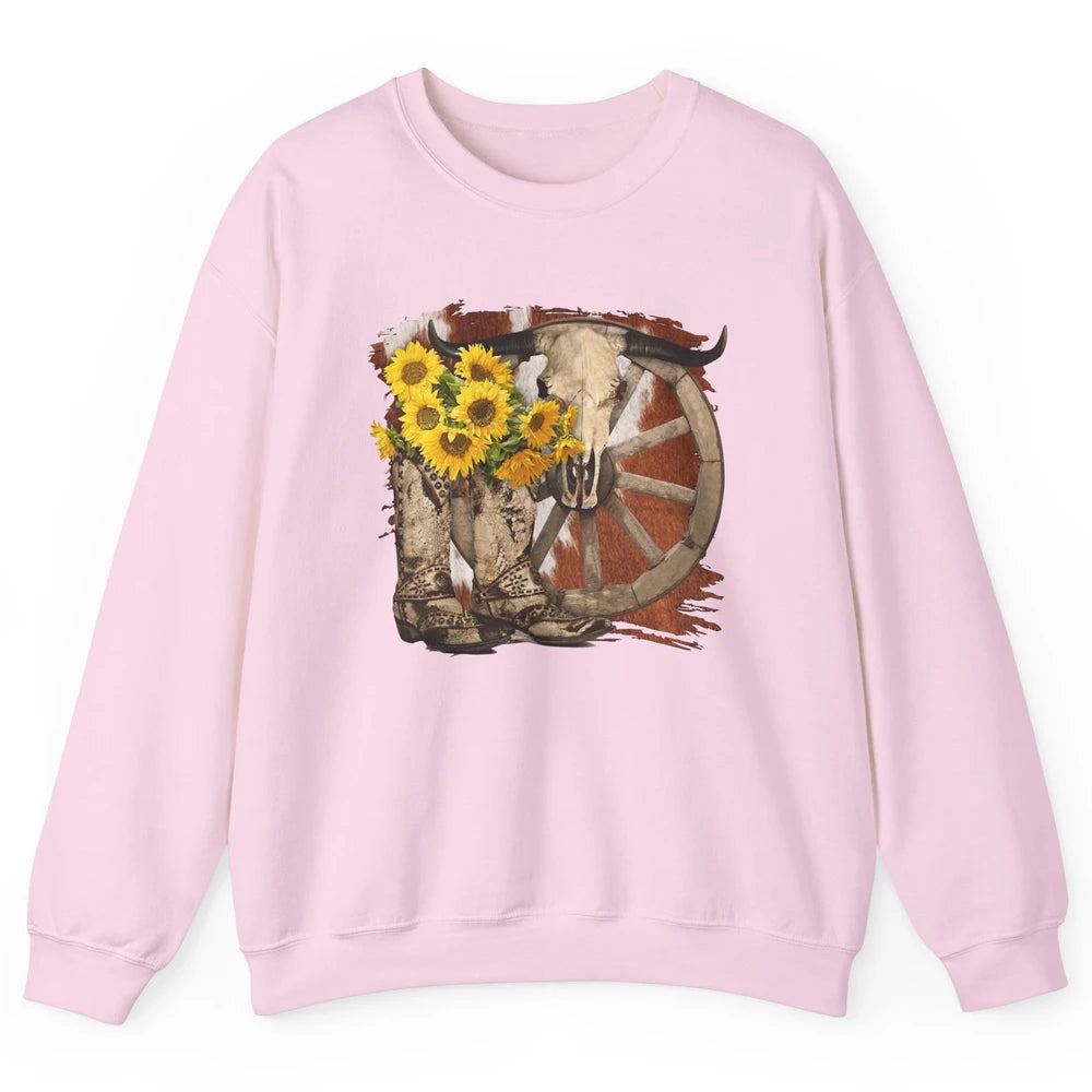 Retro Sunflower Cowgirl Boots Cow Skull Western Country Girl Unisex Crewneck Sweatshirt