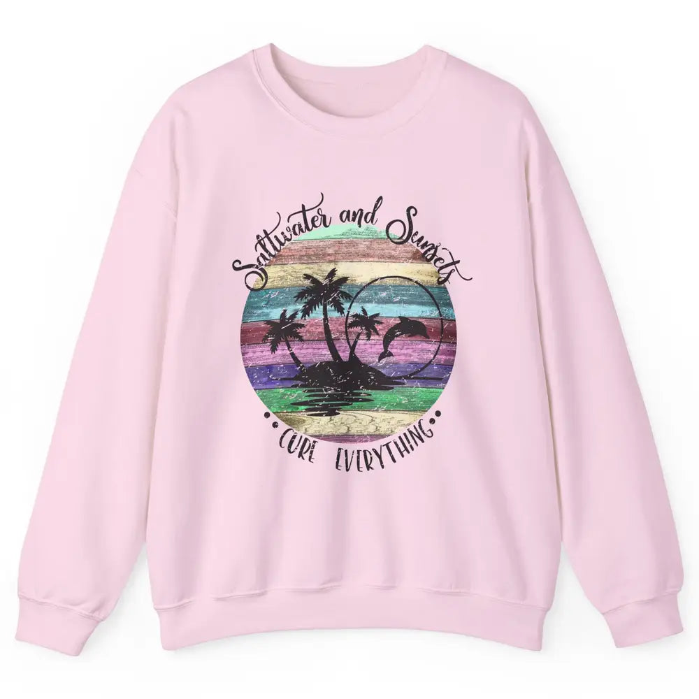 Retro Beach Sunset Saltwater and Sunsets Cure Everything Unisex Crewneck Sweatshirt