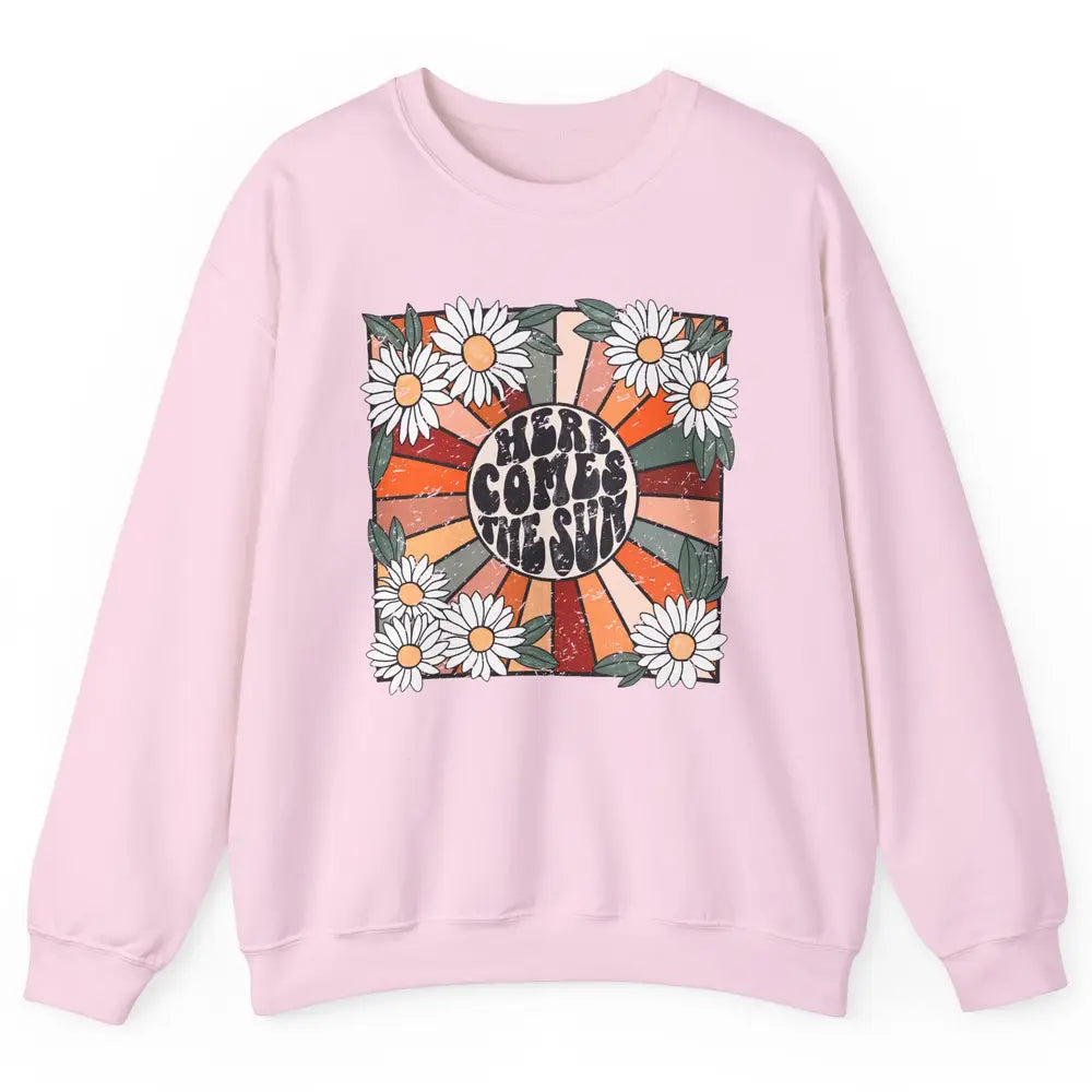 Retro Daisy Rainbow Sunrise Here Comes The Sun Hippie Girl Unisex Crewneck Sweatshirt