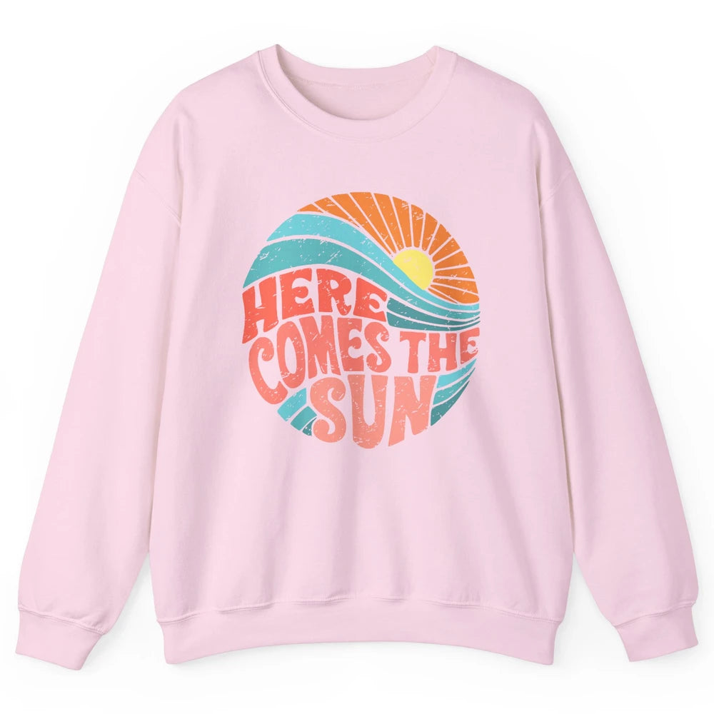 Retro Rainbow Sunrise Here Comes The Sun Hippie Girl Unisex Crewneck Sweatshirt