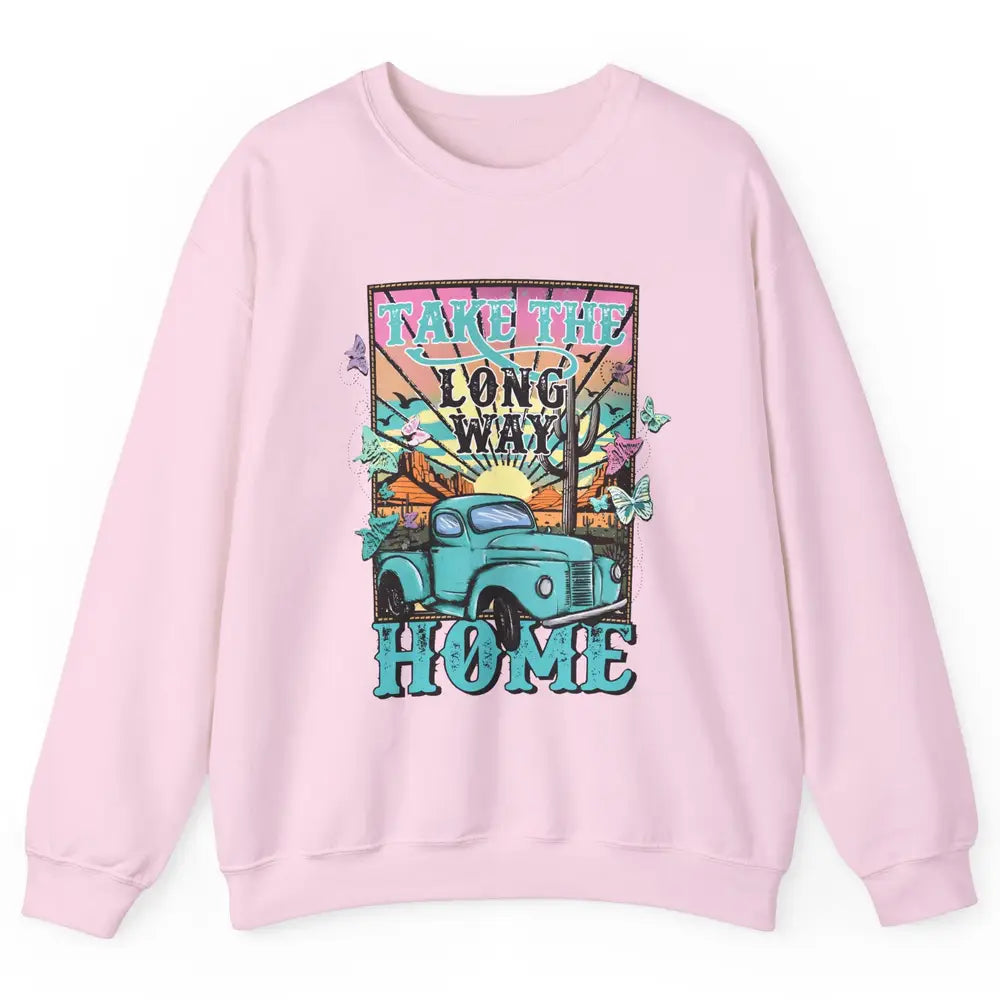 Retro Mountain Sunset Take The Long Way Home Western Country Unisex Crewneck Sweatshirt