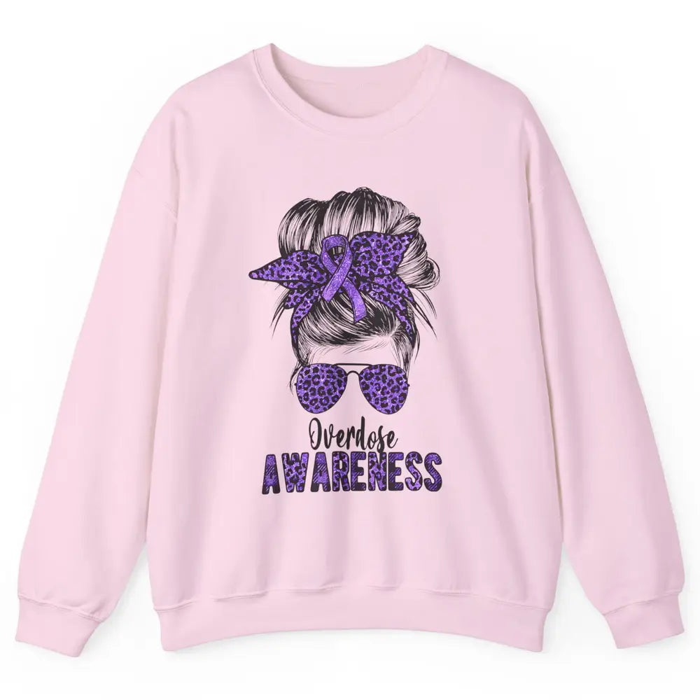 Overdose Awareness Messy Hair Bun Purple Leopard Warrior Unisex Crewneck Sweatshirt