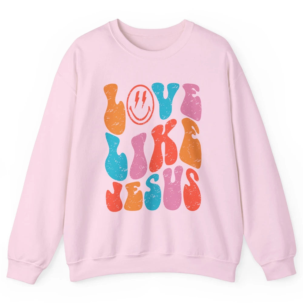 Retro Love Like Jesus Smiling Face Christian Religious Faith Unisex Crewneck Sweatshirt