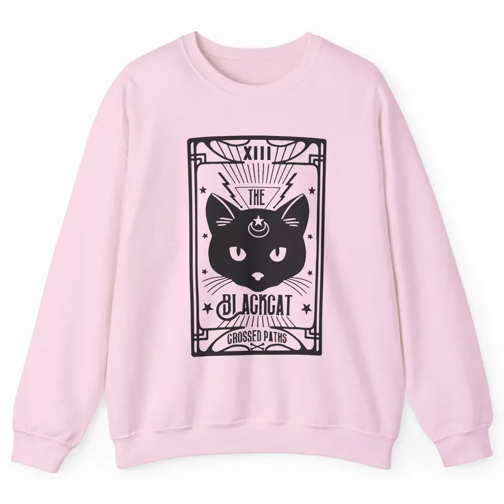 Retro Halloween Black Cat Crossed Path Tarot Card Witchcraft Unisex Crewneck Sweatshirt