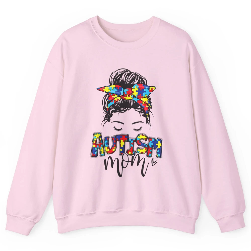 Autism Mom Messy Bun Hair Autism Awareness Puzzle Headband Unisex Crewneck Sweatshirt