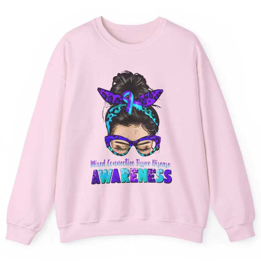 Mixed Connective Tissue Disease Ribbon Leopard Messy Bun Mom Unisex Crewneck Sweatshirt