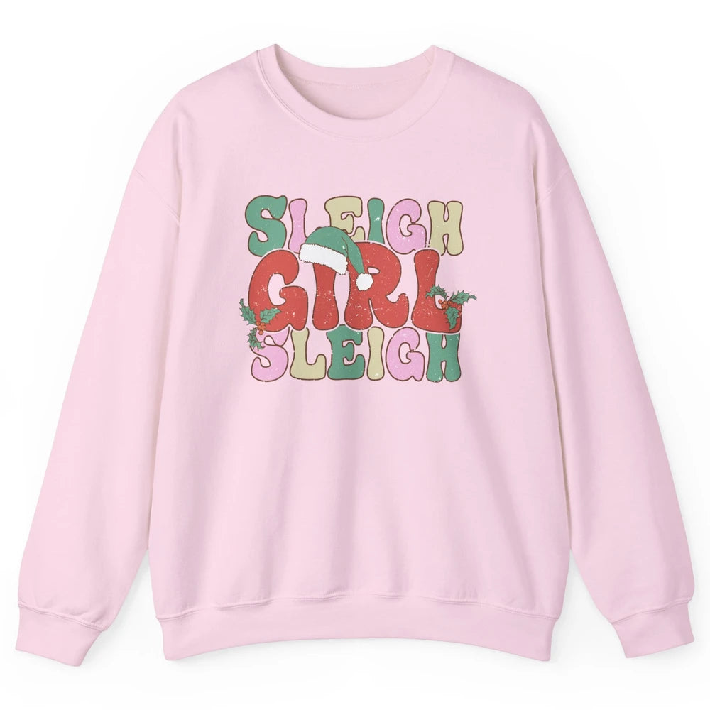Retro Groovy Christmas Sleigh Girl Sleigh Santa Hat Winter Unisex Crewneck Sweatshirt