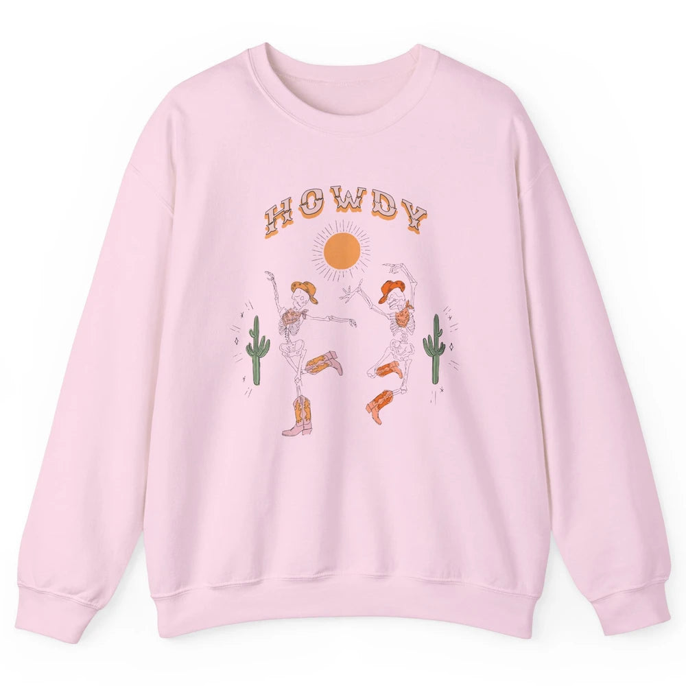 Retro Desert Skeleton Dancing Cowboy Boots Hat Howdy Western Unisex Crewneck Sweatshirt