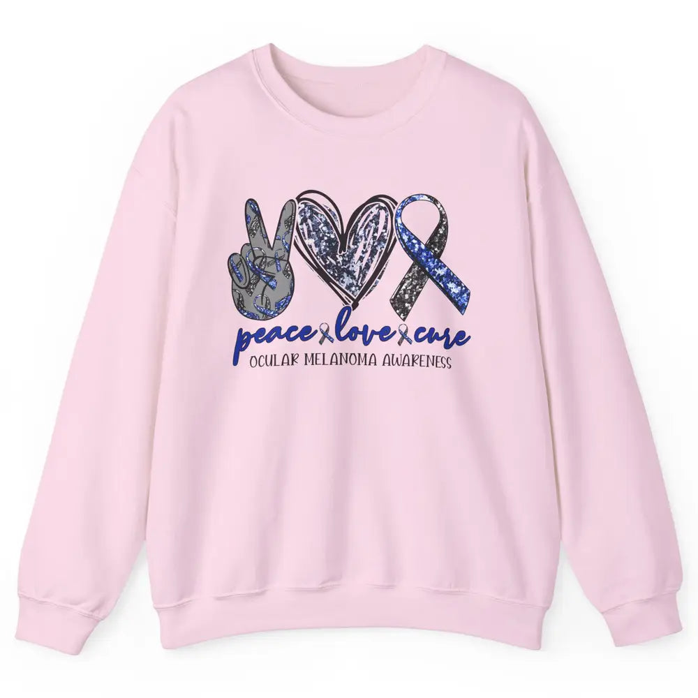 Ocular Melanoma Awareness Peace Love Cure Blue Ribbon Unisex Crewneck Sweatshirt