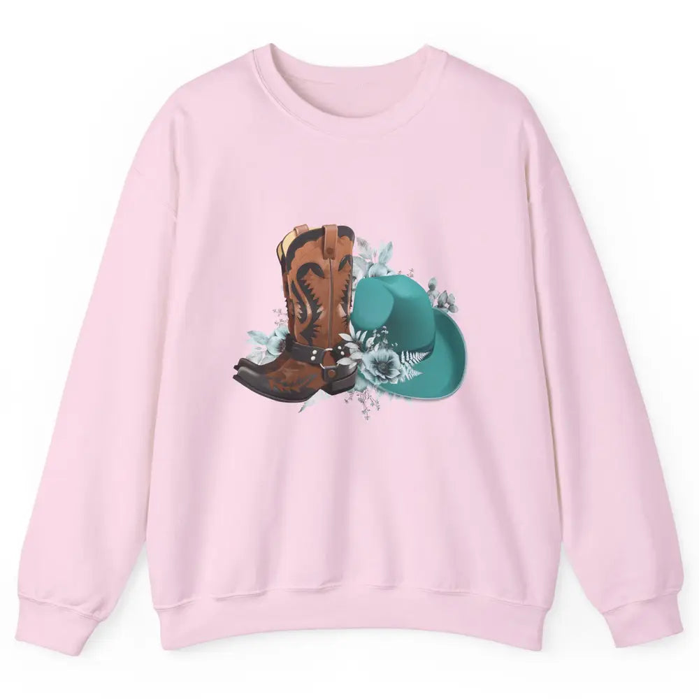 Retro Cowgirl Floral Turquoise Cowboy Boots Rodeo Western Unisex Crewneck Sweatshirt