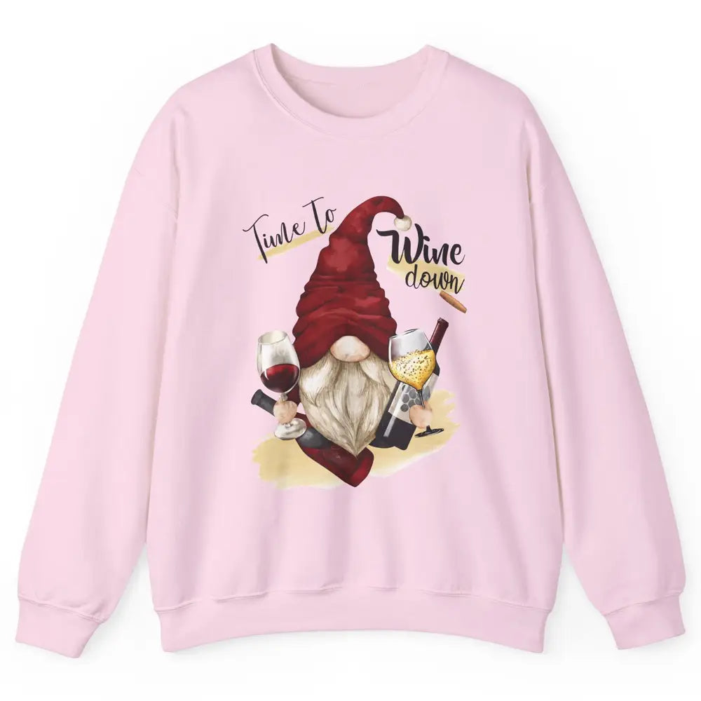 Christmas Gnome Wine It's Time to Wine Down Winter Holiday Unisex Crewneck Sweatshirt