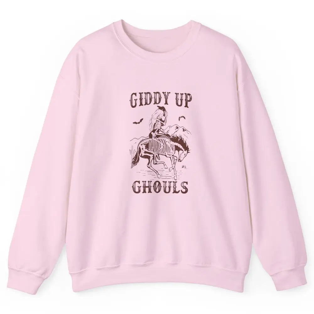 Retro Giddy Up Ghouls Skeleton Western Cowgirl Howdy Cowboy Unisex Crewneck Sweatshirt