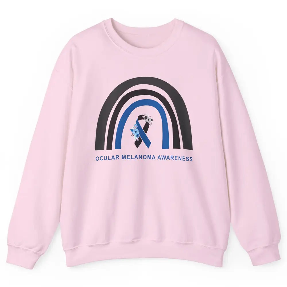 Ocular Melanoma Awareness Floral Black Blue Ribbon Rainbow Unisex Crewneck Sweatshirt