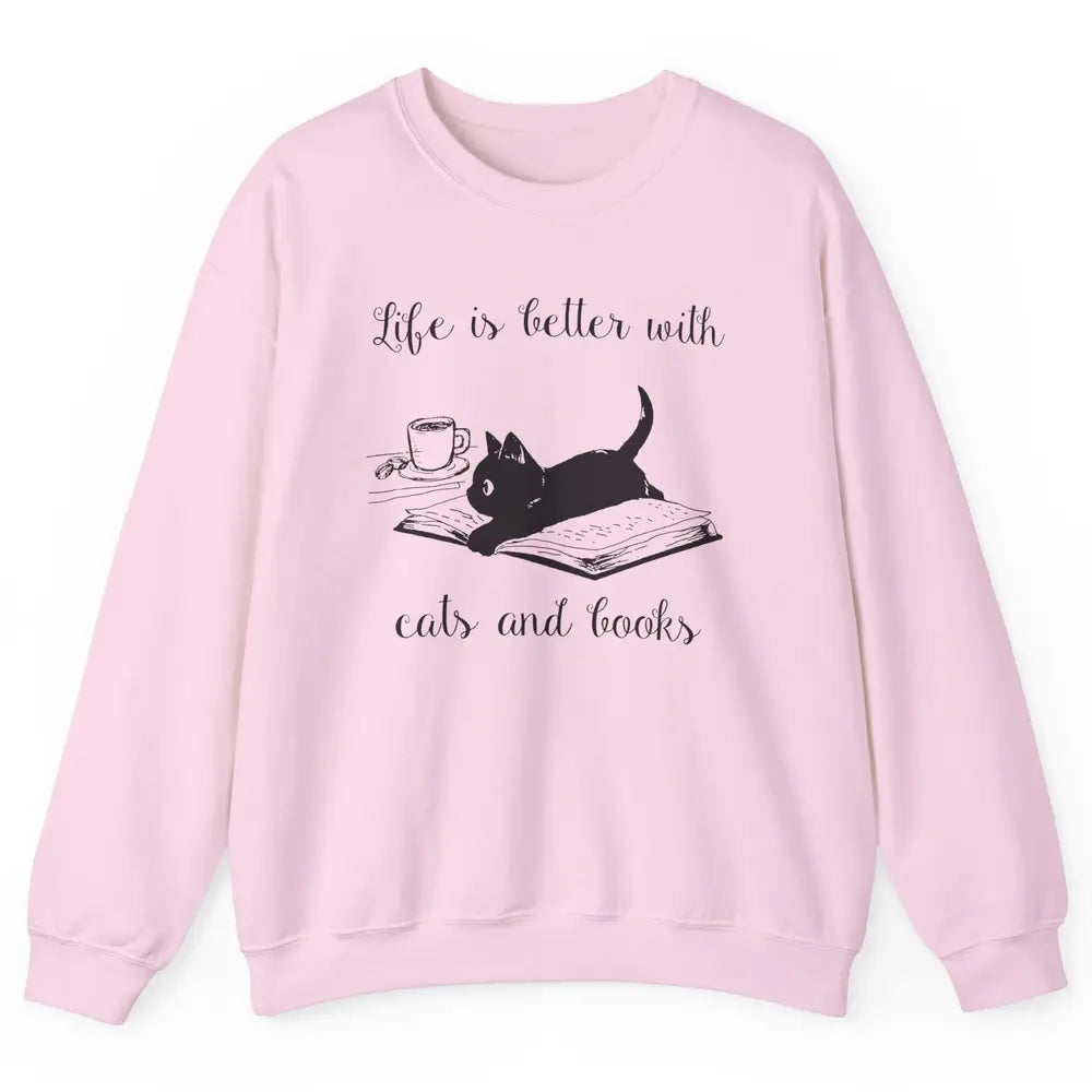 Retro Life Is Better With Cats And Books Reading Lovers Unisex Crewneck Sweatshirt