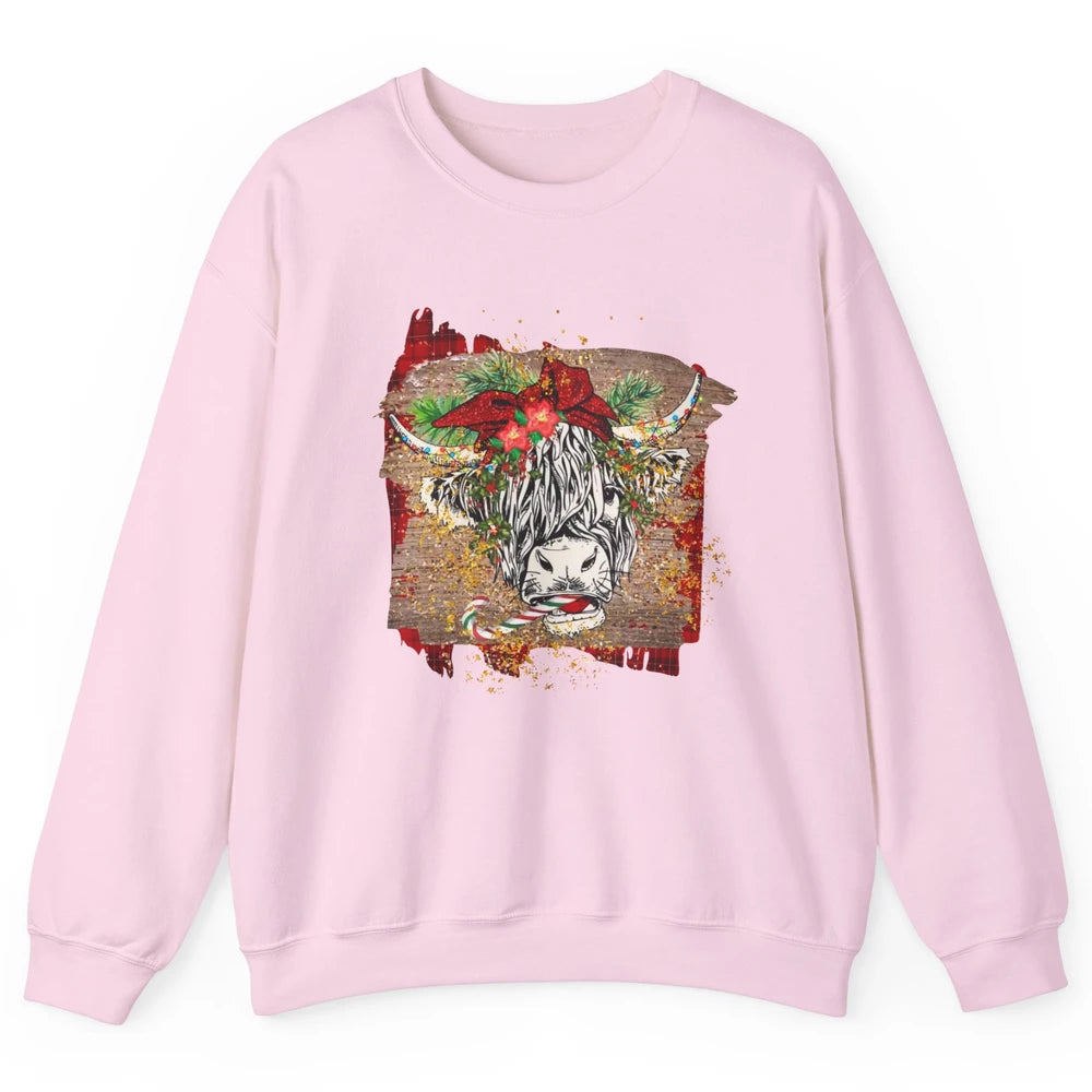 Christmas Highland Cow Bandana Western Christmas Cow Plaid Unisex Crewneck Sweatshirt