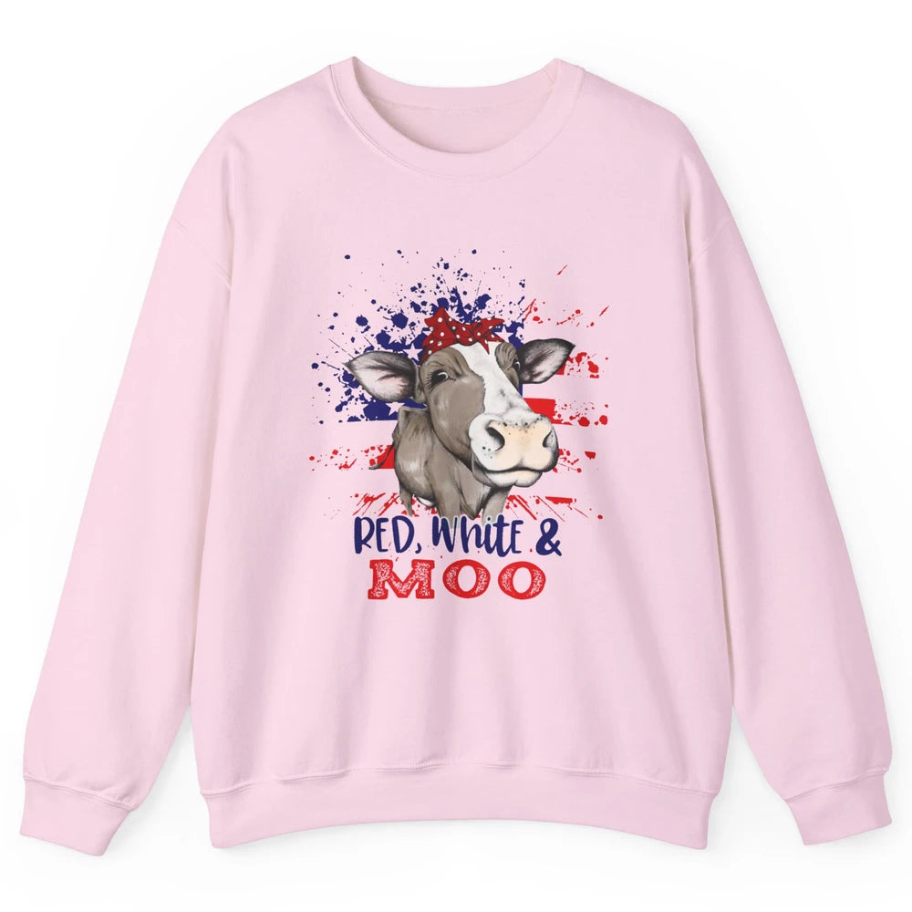 Red White Moo Cow America Flag 4th of July Patriotic Unisex Crewneck Sweatshirt