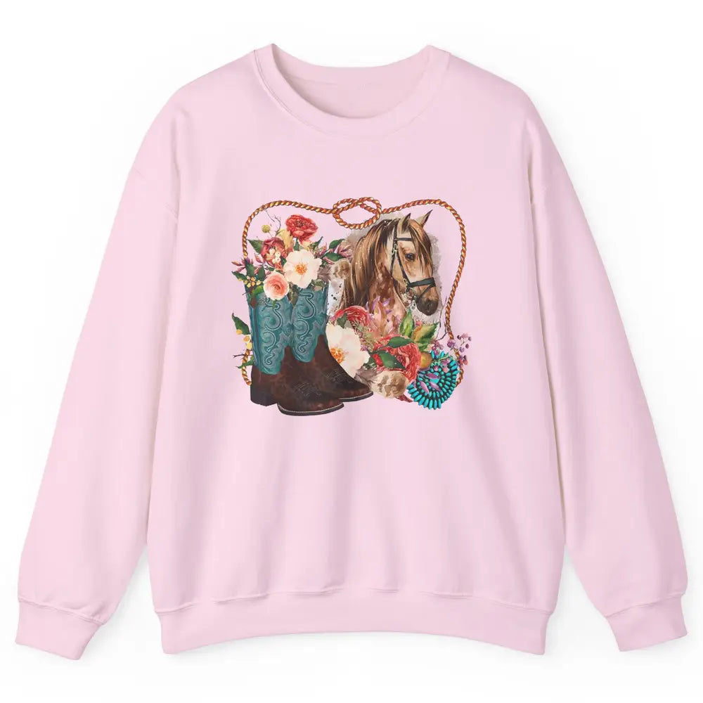 Retro Floral Cowboy Boots And Horse Western Country Cowgirl Unisex Crewneck Sweatshirt