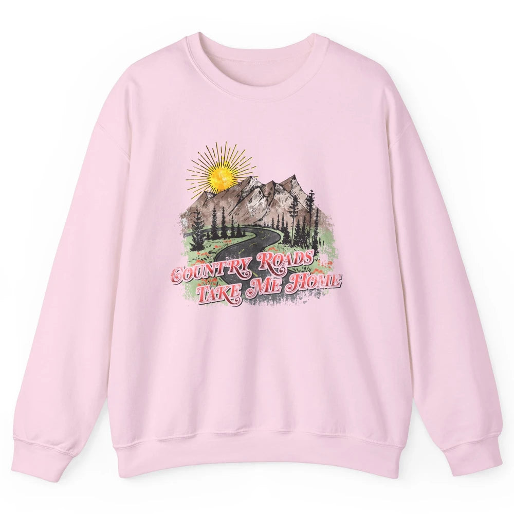 Retro Mountain Sunset Country Roads Take Me Home Western Unisex Crewneck Sweatshirt
