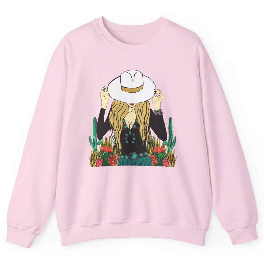 Retro Blonde Cowgirl Punchy Cowhide Turquoise Western Cowboy Unisex Crewneck Sweatshirt
