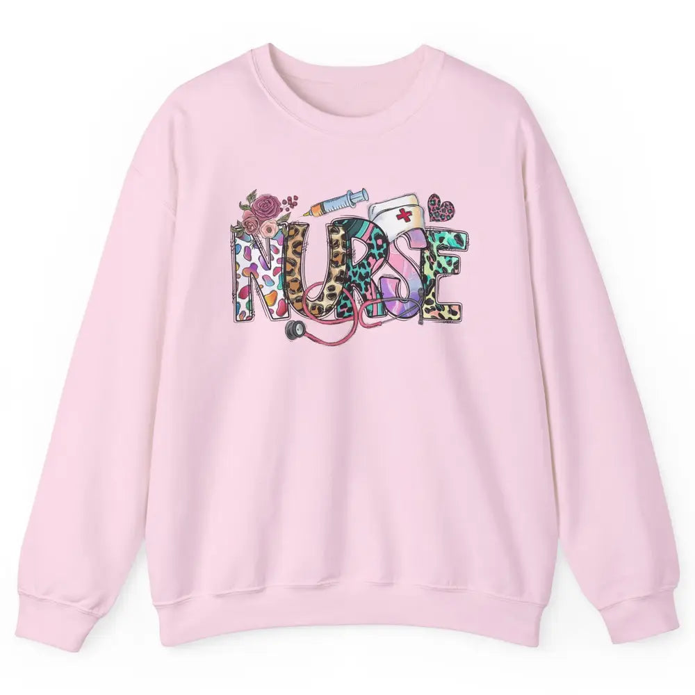 Nurse Life Nursing Registered Therapist Leopard Flower Boho Unisex Crewneck Sweatshirt