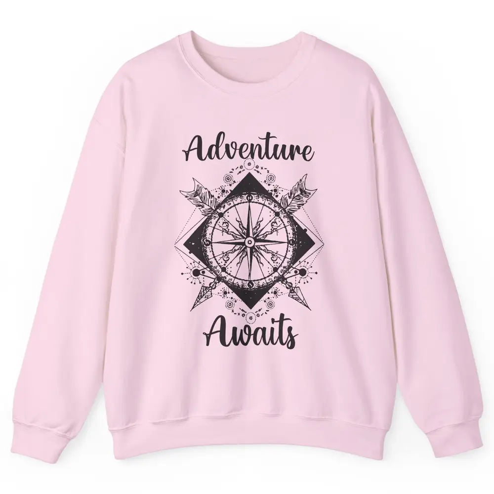 Retro Compass Mountain Adventure Awaits Camping Hiking Lover Unisex Crewneck Sweatshirt