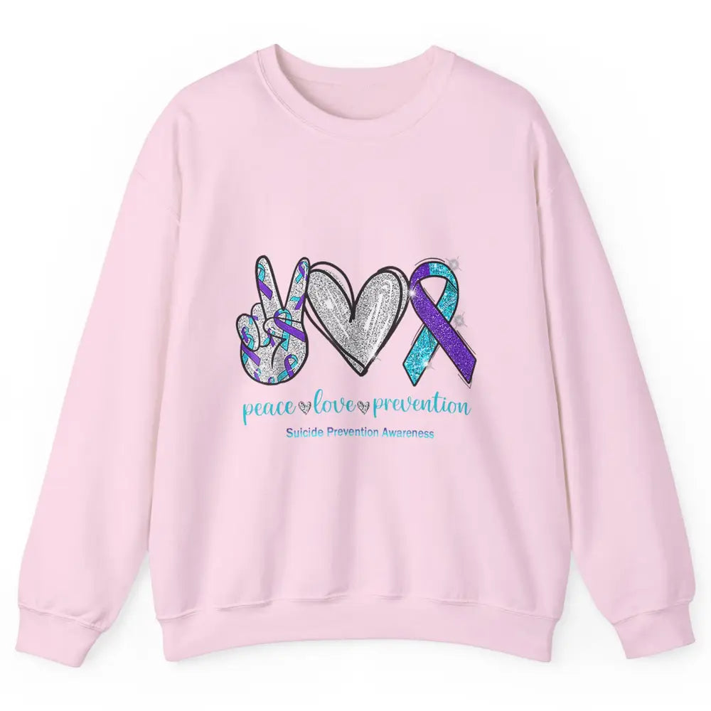 Peace Love Teal Purple Ribbon Suicide Prevention Awareness Unisex Crewneck Sweatshirt